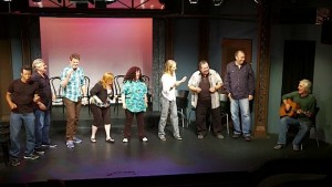 Matt Cartsonis (right) on stage at the Groundling Theatre with Phil LaMarr, Phil LaMarr, Sandy Helberg, Jamie Kaler, Kinna McInroe, Wenndy MacKenzie, Helen Hunt and Ron Wilson at the Gary Austin and Friends Live from earlier this year.